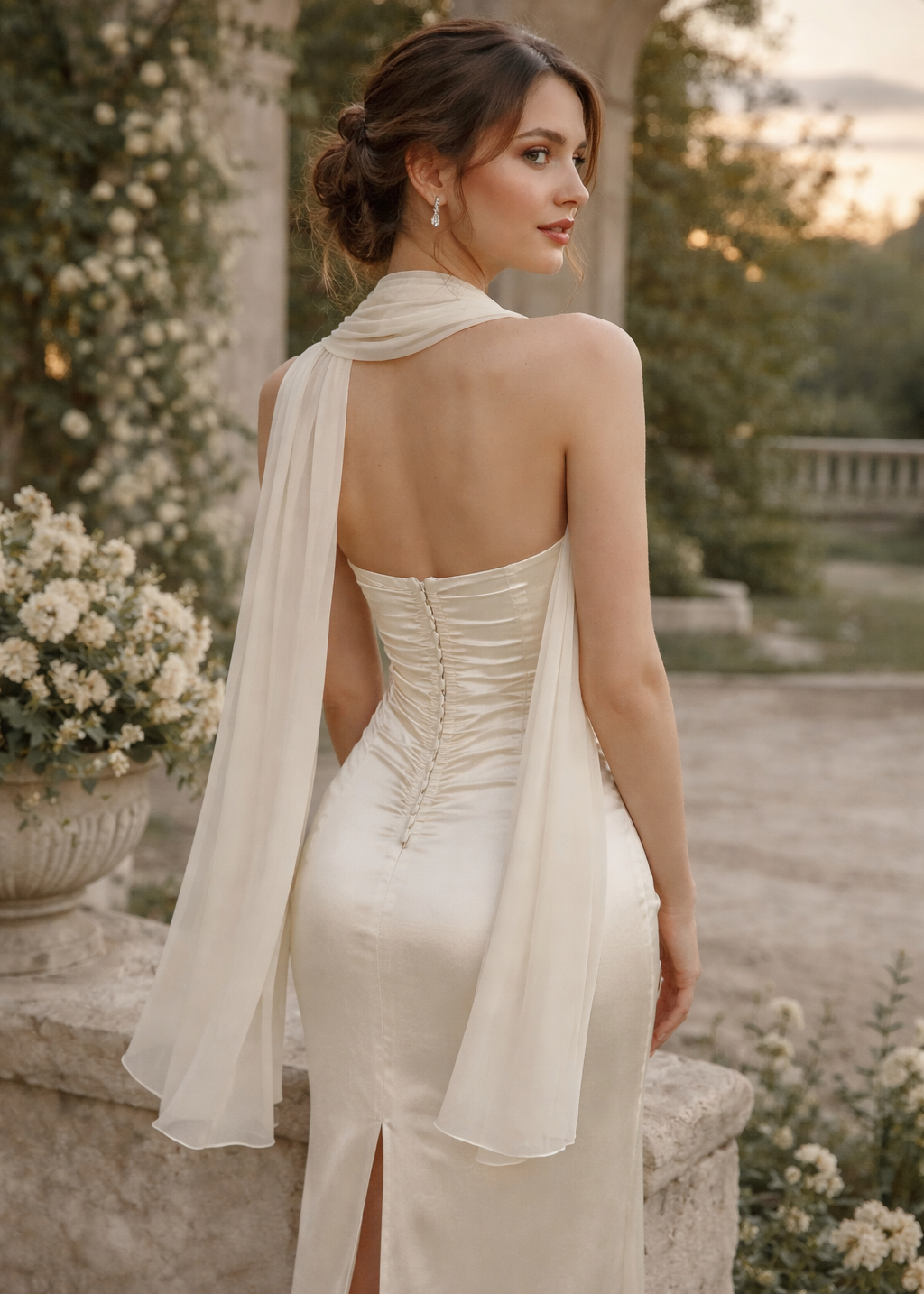 Champagne Sequin Satin Maxi Dress with Shawl