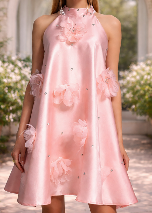 Crystal Blossom Satin Mini Dress