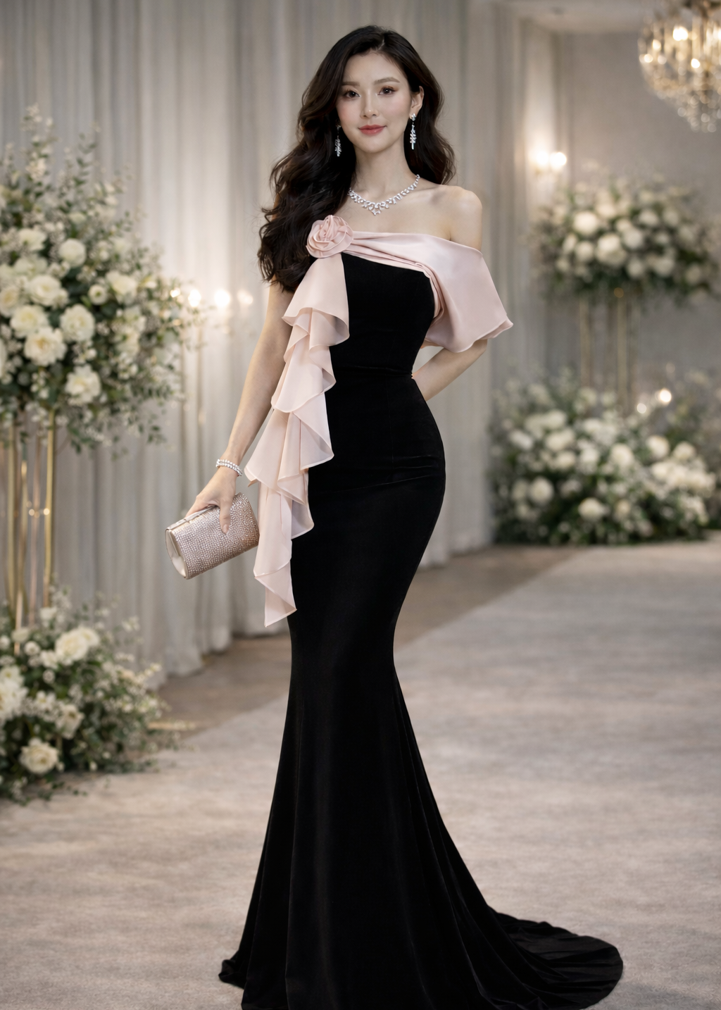 Blush Bow Fishtail Evening Gown