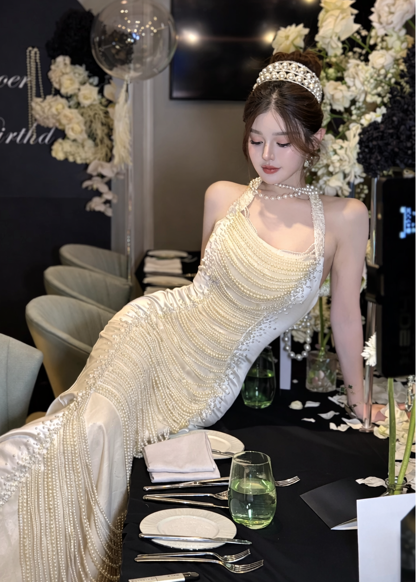 Pearl Cascade Fishtail Evening Gown