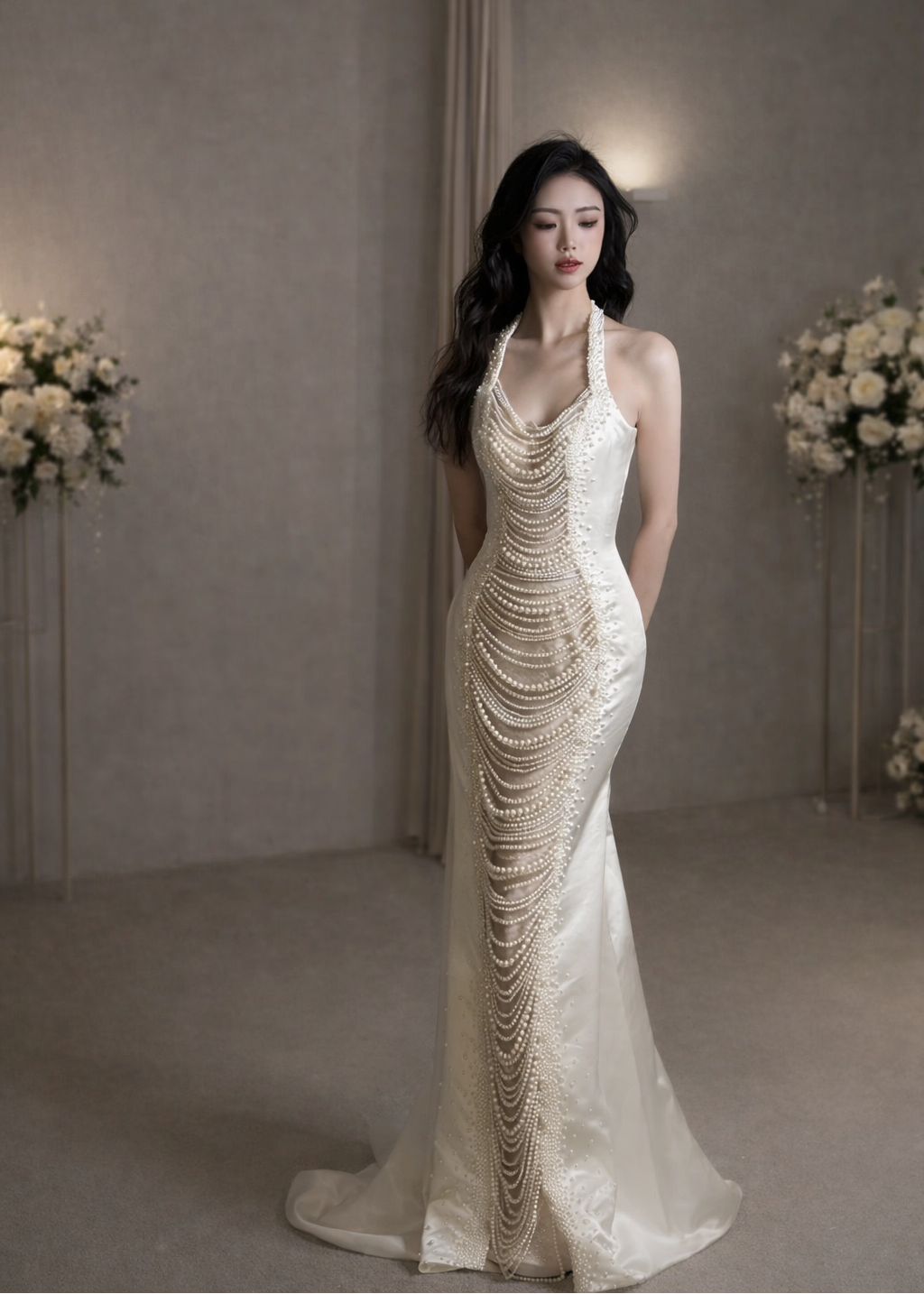 Pearl Cascade Fishtail Evening Gown