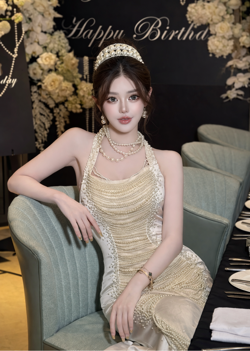Pearl Cascade Fishtail Evening Gown
