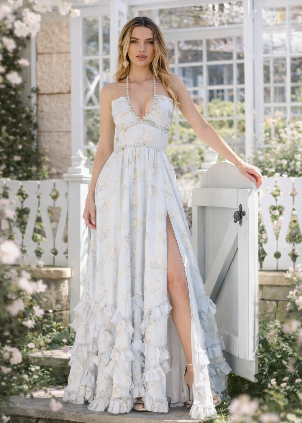 Pearl Blossom Halter Slit Dress
