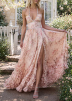 Pearl Blossom Halter Slit Dress