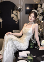Pearl Cascade Fishtail Evening Gown