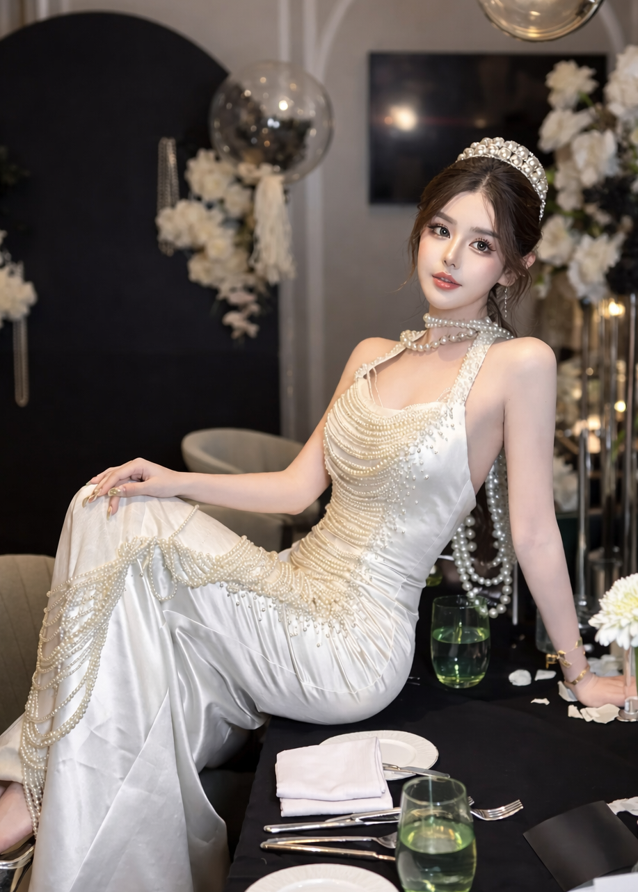 Pearl Cascade Fishtail Evening Gown