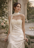 Champagne Sequin Satin Maxi Dress with Shawl