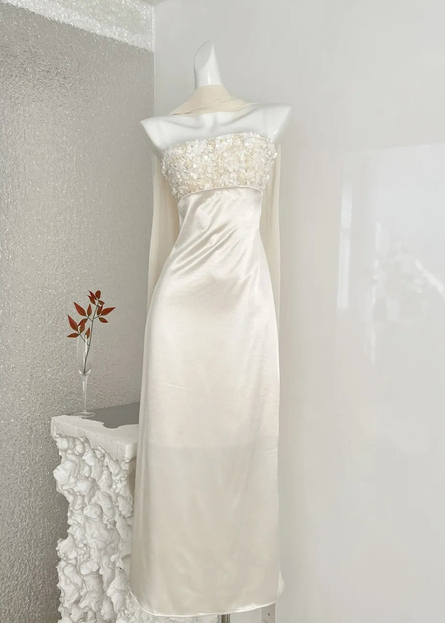Champagne Sequin Satin Maxi Dress with Shawl